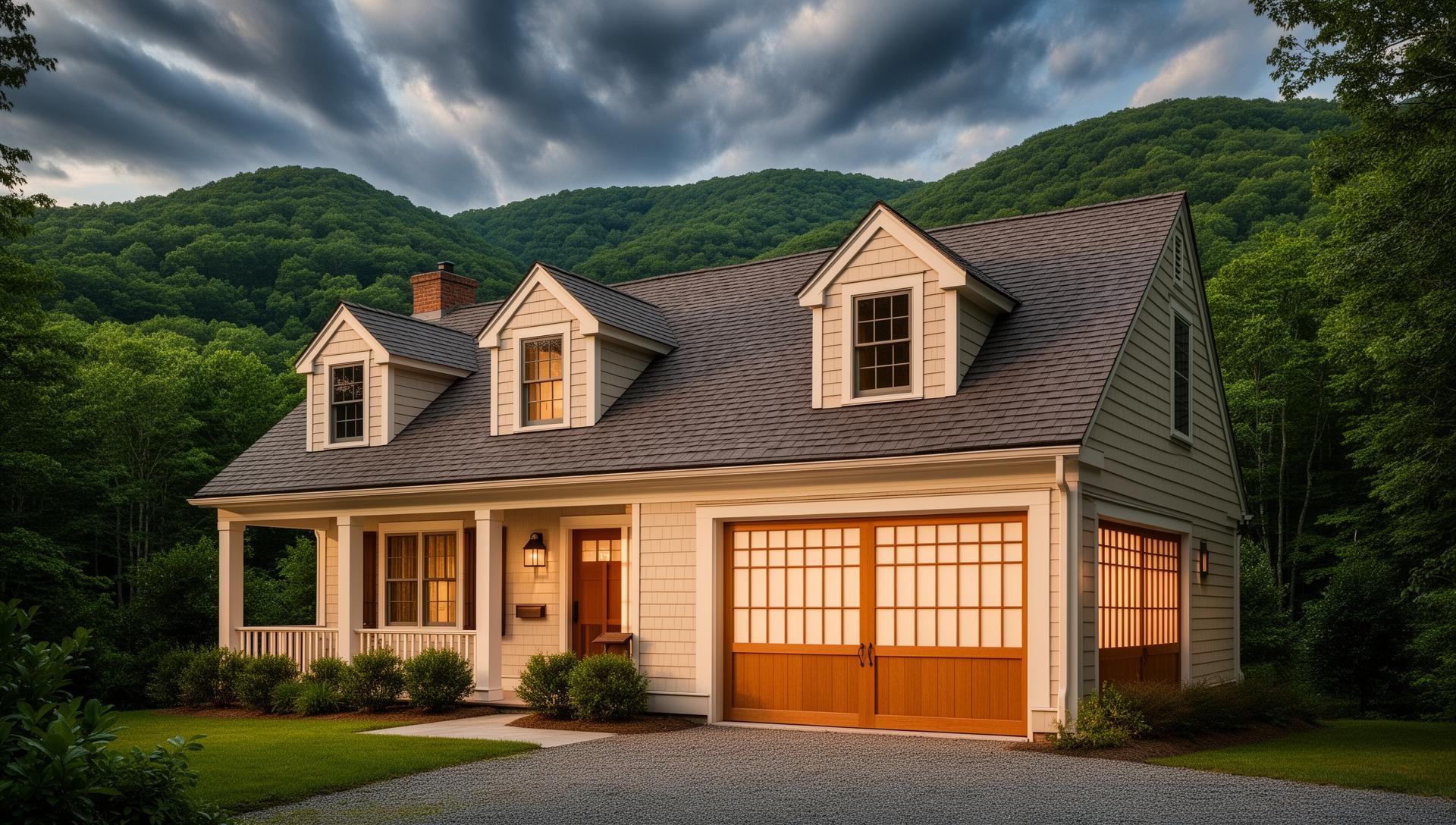 Beautiful Cape Cod home with Asian-inspired shoji screen garage doors in Highlands NC